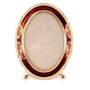 Gold Tone Metal & Red Enamel Photo Frame W/Gold Tone Roses Vintage